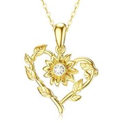 14k Solid Gold Heart Shaped Sunflower Pendant Necklaces for Women - Moissanite Necklaces Gold Jewelry Present for Wife Girlfriend Mother