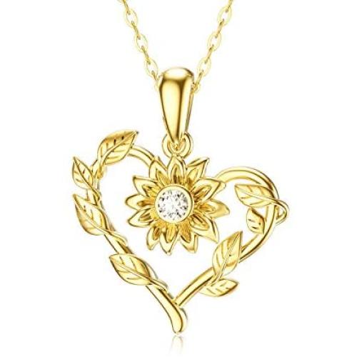 14k Solid Gold Heart Shaped Sunflower Pendant Necklaces for Women - Moissanite Necklaces Gold Jewelry Present for Wife Girlfriend Mother