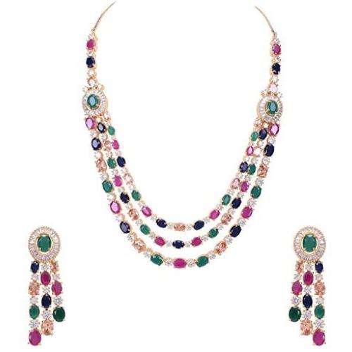 Ratnavali Jewels Cubic Zirconia Gorgeous Wedding Bridal Multi Strand Necklace Dangle Earrings Jewelry Set