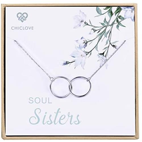 Soul Sisters Necklace, Graduation Gifts for Sister - Sterling Silver Two-Circle Pendant Necklace Engraved''Soul Sister''
