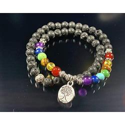 Skye Jewelry Elastic Stretchy Double Wrap Over Beaded Bracelet w/Lava Rocks and Multi Colored Chakra Beads & Tree of Life Pendant