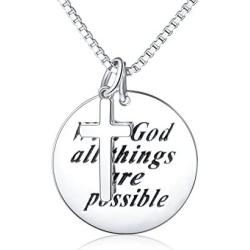 925 Sterling Silver Faith Hope Religious Jewelry Cross Necklace With God All Things Are Possible Inspirational for Women Girls Teens