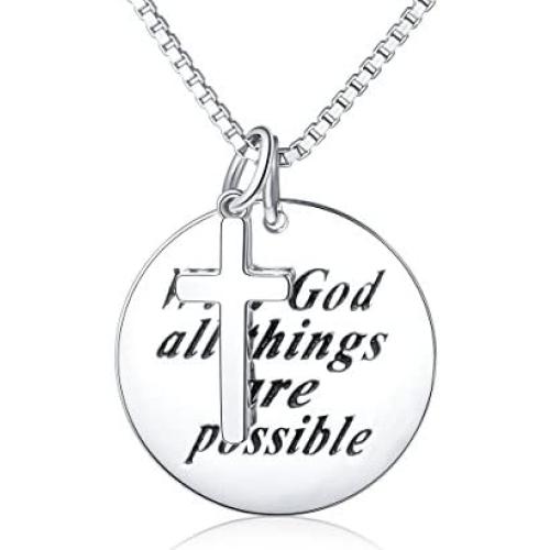 925 Sterling Silver Faith Hope Religious Jewelry Cross Necklace With God All Things Are Possible Inspirational for Women Girls Teens