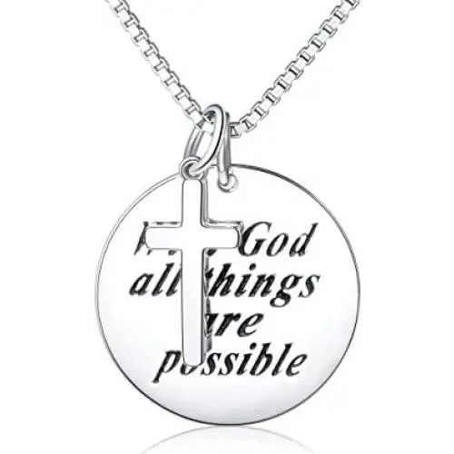 925 Sterling Silver Faith Hope Religious Jewelry Cross Necklace With God All Things Are Possible Inspirational for Women Girls Teens