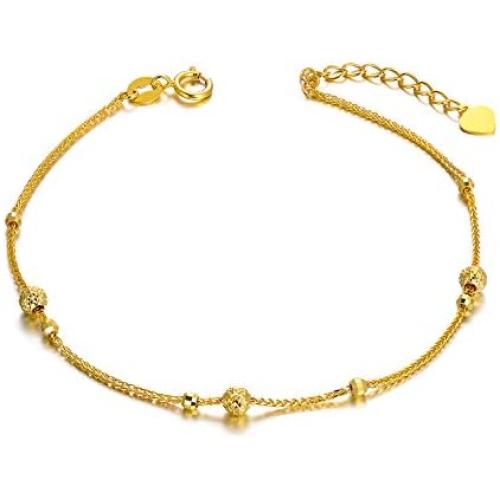 18K Solid Gold Bracelet for Women, Dainty Real Gold Beads Ball Adjustable Chain Bracelet Fine Jewelry Gift for Her, Wife, Mom, Girls, 6.5