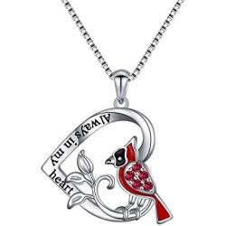925 Sterling Silver Engrave Always in My Heart Angel Red Bird Cardinal Pendant Necklace and Ring Sympathy Gift for Women Girls