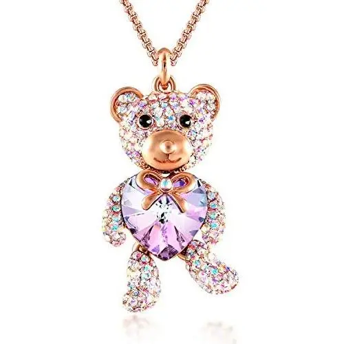 GEORGE · SMITH Brother Bear Animal Necklace Purple Heart Teddy Pendant Necklace with Crystals from Austria, Birthday Gifts for Daughter Teen Girls Girlfriend