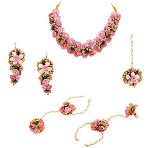 Zephyrr Handmade Pink Gota Patti Floral Fashion Jewelry Set for Women and Girls: Haldi, Baby Shower, Mehndi Godbharai Necklace Set with Earrings/Maang Teeka/Bangles/Ring