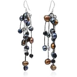 Striking Waterfall Cultured Freshwater Black Pearl .925 Sterling Silver Dangle Earrings
