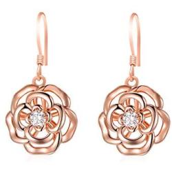 AOBOCO Sterling Silver Rose Flower Earrings, Rose Gold Plated, Clear Crystal from Austria, Hypoallergenic Dangle Drop earrings, Anniversary Birthday Jewelry Rose Flower Gifts for Women