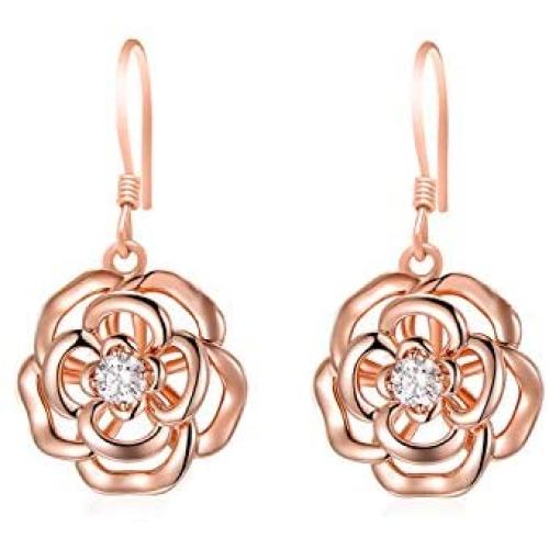 AOBOCO Sterling Silver Rose Flower Earrings, Rose Gold Plated, Clear Crystal from Austria, Hypoallergenic Dangle Drop earrings, Anniversary Birthday Jewelry Rose Flower Gifts for Women