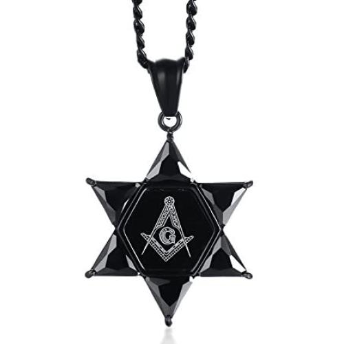 Mealguet Jewelry Stainless Steel Star of David Cubic Zirconia Hexagram Masonic Freemason Pendant Necklace for Men,24'' Chain