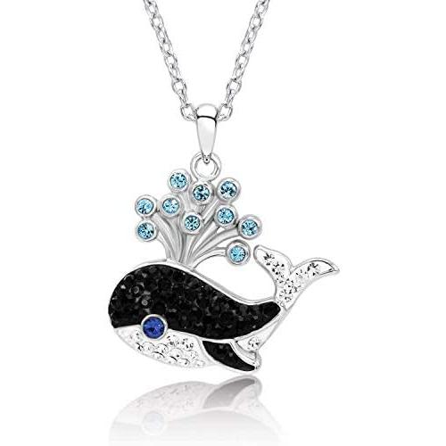 BLING BIJOUX Playful Black Whale with Water Splash Crystal Pendant Necklace for Women & Girls, Never Rust 925 Sterling Silver with Free Breathtaking Gift Box for a Special Moment of Love