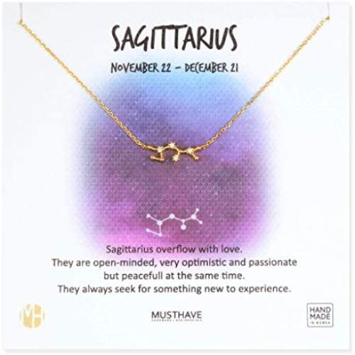 MUSTHAVE Zodiac 18K Gold Plated CZ Necklace with Message Card, Yellow Gold Color, Anchor Chain, Best Gift Necklace, Size 16 inch + 2 inch Extender, Zodiac Pendant, Constellation, Gift Card