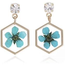 BONALUNA Pressed Flower Yellow Gold Plated Hexagon Dangle With Cubic Zirconia Titanium Post Back Earrings
