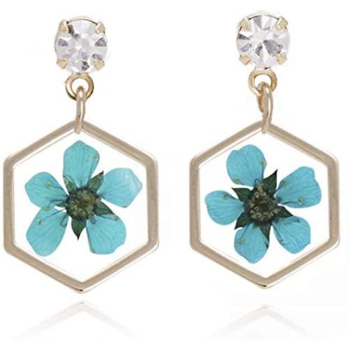 BONALUNA Pressed Flower Yellow Gold Plated Hexagon Dangle With Cubic Zirconia Titanium Post Back Earrings