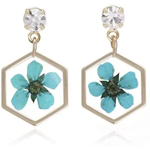 BONALUNA Pressed Flower Yellow Gold Plated Hexagon Dangle With Cubic Zirconia Titanium Post Back Earrings BONALUNA Pressed Flower Yellow Gold Plated Hexagon Dangle With Cubic Zirconia Titanium Post Back Earrings