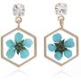 BONALUNA Pressed Flower Yellow Gold Plated Hexagon Dangle With Cubic Zirconia Titanium Post Back Earrings
