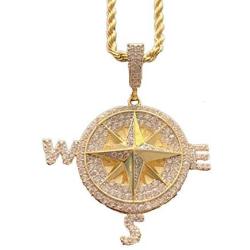 Moca Jewelry Iced Out Compass Personality Style Pendant 18K Gold Plated Chain Bling CZ Simulated Diamond Hip Hop Necklace for Men Women