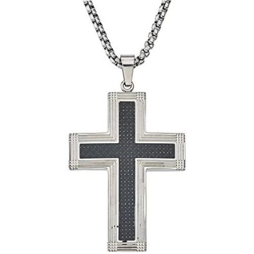 Mens Carbon Fiber Cross Pendant in Stainless Steel