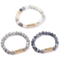YINI 3 Pcs Natural Volcanic Stone Friendship Bracelets Handmade Beaded Stretch Bracelets