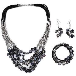Shop LC Handmade Coastal Stainless Steel Earrings Wrap Bracelet Multi Strand Layered Necklace 22'' Beaded Fashion Costume Prom Vintage Jewelry Sets for Women