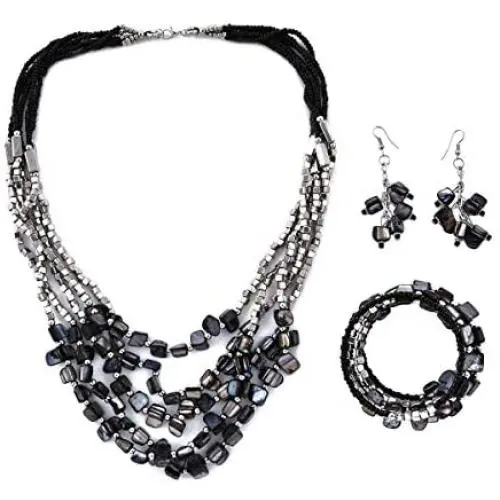 Shop LC Handmade Coastal Stainless Steel Earrings Wrap Bracelet Multi Strand Layered Necklace 22'' Beaded Fashion Costume Prom Vintage Jewelry Sets for Women