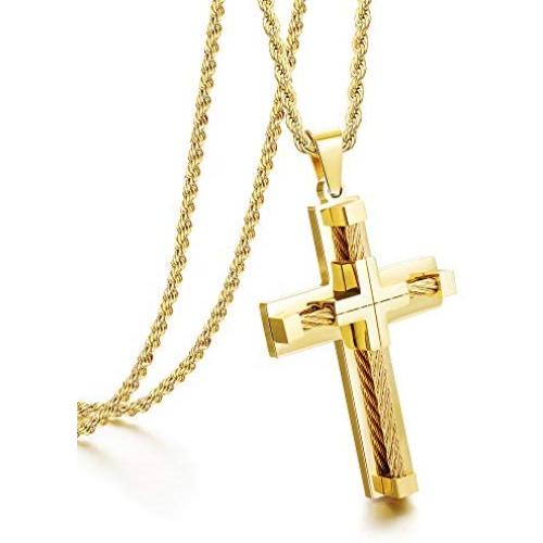 Udalyn Stainless Steel Cross Necklace for Men Women Silver Gold Chain Cross Pendant Necklace Simple Jewelry Gifts, 28 Inches Chain