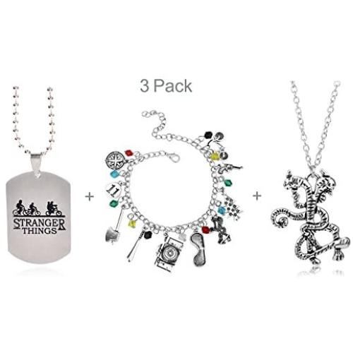 3 Pack Stranger Things Themed Charms Bracelet + Pendant Necklaces Eleven Demogorgon