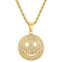 Unisex Hip Hop Golden Stainless Steel Iced out Smile Face Pendant Best Friend Happy Necklace with 24 Inch Chain