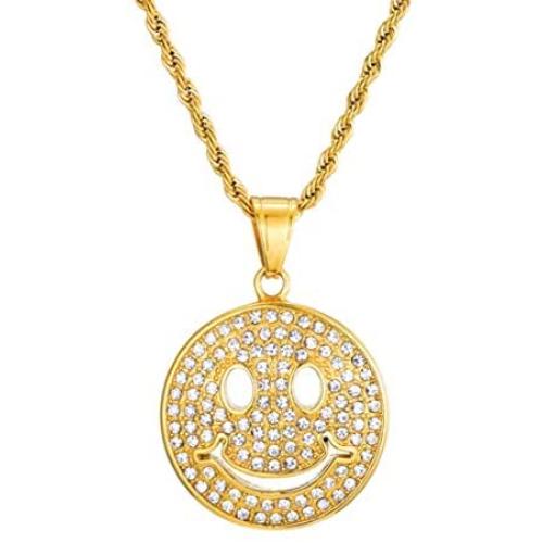 Unisex Hip Hop Golden Stainless Steel Iced out Smile Face Pendant Best Friend Happy Necklace with 24 Inch Chain