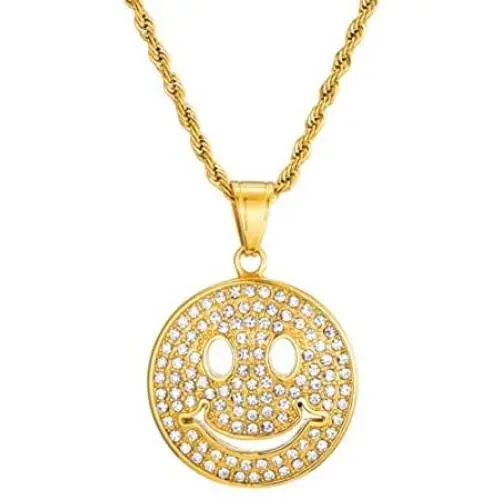 Unisex Hip Hop Golden Stainless Steel Iced out Smile Face Pendant Best Friend Happy Necklace with 24 Inch Chain Unisex Hip Hop Golden Stainless Steel Iced out Smile Face Pendant Best Friend Happy Necklace with 24 Inch Chain