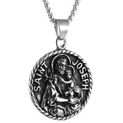 AsAlways Saint Joseph Necklace Stainless Steel Catholic Patron Saints Medal Jewelry, Traveler Medallion Blessings Gift