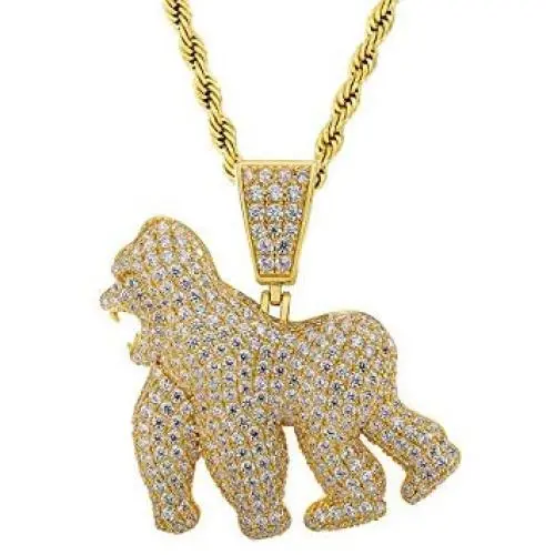 Custom Men Women 14k Gold Finish Italy Iced Bling Ape Gorilla Pendant Individual Micro-Pave Simulated Diamond Punk Necklace Ice Out, Iced Pendant, Letter Clout Stitching 4mm 22'' Rope Necklace Custom Men Women 14k Gold Finish Italy Iced Bling Ape Gorilla Pendant Individual Micro-Pave Simulated Diamond Punk Necklace Ice Out, Iced Pendant, Letter Clout Stitching 4mm 22'' Rope Necklace