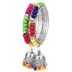 Efulgenz Boho Vintage Antique Gypsy Tribal Indian Oxidized Silver Multicolor Jhumki Tassel Bracelets Bangle Set (2 Pc)