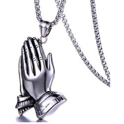Fusamk Fashion Stainless Steel Prayer of Hand Pendant Necklace,24'' Link Chain