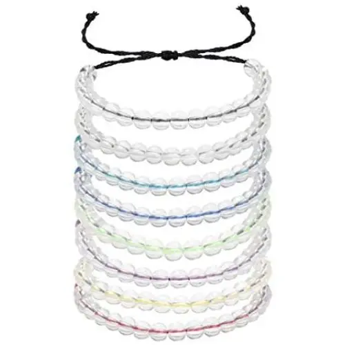 LOLIAS 8 Pcs Cute VSCO Bracelets for Teens Friendship Bracelet Adjustable Boho String Bracelets Handmade Weaving Rope Clear Crystal Bead Ocean Bracelets Healing Power Jewelry Unisex 8mm