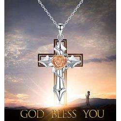 Step Forward Sterling Silver Cross Necklace for Women, Silver Rose Flower Cross Necklaces Jewelry for Girls and Friends and Mom