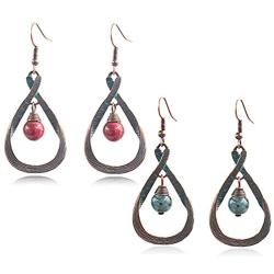 ZRosse 2 Pairs Boho Handmade Vintage Hollow Teardrop Turquoise Dangle Drop Earrings Sets for Women Girls Unique Retro Bronze Statement Jewelry Gifts