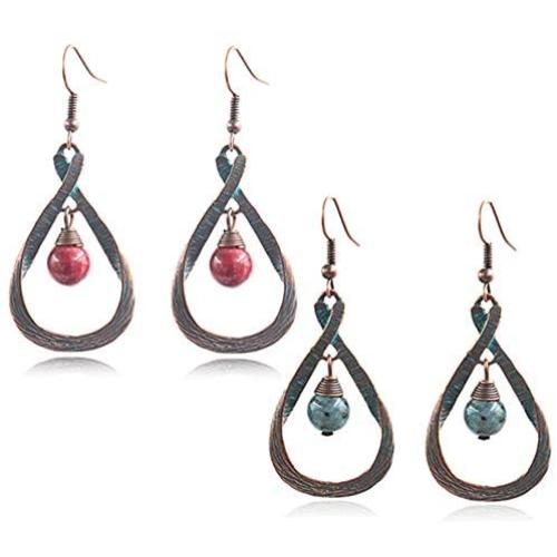 ZRosse 2 Pairs Boho Handmade Vintage Hollow Teardrop Turquoise Dangle Drop Earrings Sets for Women Girls Unique Retro Bronze Statement Jewelry Gifts