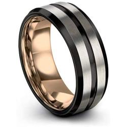 Midnight Rose Collection Tungsten Wedding Band Ring 8mm for Men Women 18k Rose Yellow Gold Plated Bevel Edge Black Grey Brushed Polished