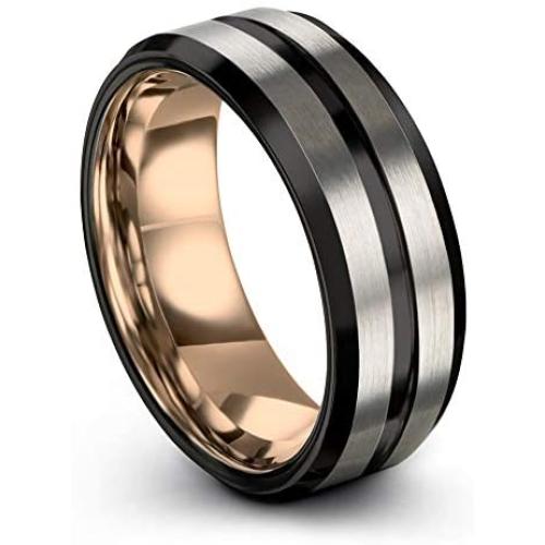 Midnight Rose Collection Tungsten Wedding Band Ring 8mm for Men Women 18k Rose Yellow Gold Plated Bevel Edge Black Grey Brushed Polished