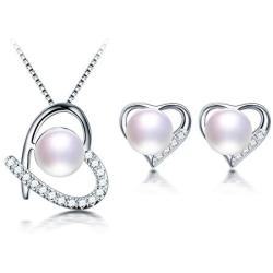 Freshwater Cultured Genuine Pearls Jewelry Set With Heart Shaped Necklace & Earrings By DIAMOVI - 925 Sterling Silver - AAA Grade Zircon-Stunning Wedding Bridal Jewelry – (White)