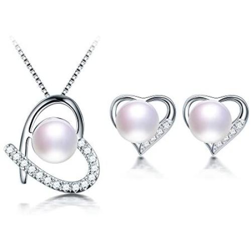 Freshwater Cultured Genuine Pearls Jewelry Set With Heart Shaped Necklace & Earrings By DIAMOVI - 925 Sterling Silver - AAA Grade Zircon-Stunning Wedding Bridal Jewelry – (White)