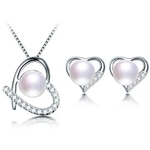 Freshwater Cultured Genuine Pearls Jewelry Set With Heart Shaped Necklace & Earrings By DIAMOVI - 925 Sterling Silver - AAA Grade Zircon-Stunning Wedding Bridal Jewelry – (White) Freshwater Cultured Genuine Pearls Jewelry Set With Heart Shaped Necklace & Earrings By DIAMOVI - 925 Sterling Silver - AAA Grade Zircon-Stunning Wedding Bridal Jewelry – (White)