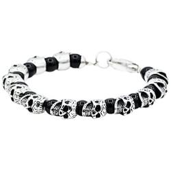 Blackjack Jewelry Mens Genuine Gemstone Stainless Steel Skeleton Skull Punk Beaded Hand Bracelet With Cuff Hook Clasp