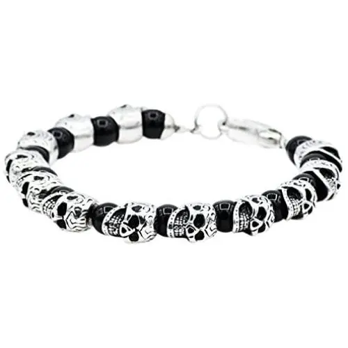 Blackjack Jewelry Mens Genuine Gemstone Stainless Steel Skeleton Skull Punk Beaded Hand Bracelet With Cuff Hook Clasp Blackjack Jewelry Mens Genuine Gemstone Stainless Steel Skeleton Skull Punk Beaded Hand Bracelet With Cuff Hook Clasp