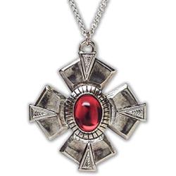 Medallion with Red Stone Medieval Renaissance Silver Finish Pendant Necklace
