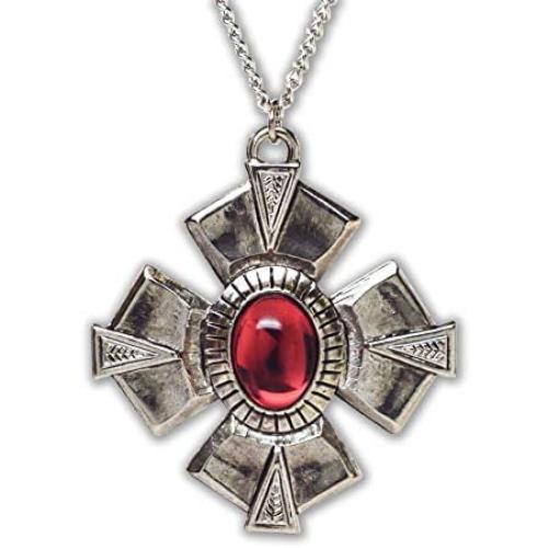 Medallion with Red Stone Medieval Renaissance Silver Finish Pendant Necklace