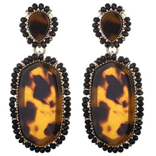 Nicole Miller New York Leopard Print Oblong Shaped Acrylic Black Beads Fashion Dangle Earrings